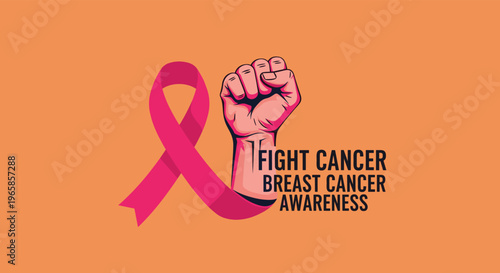 Breast cancer awareness illustration with a strong raised fist holding a pink ribbon on a bright orange background.