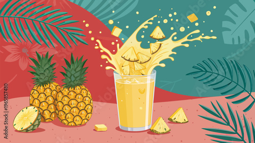 Pineapple chunks splashing into a glass of golden juice with tropical leaves and fruit on a colorful background
