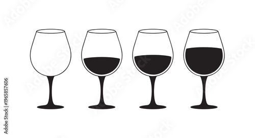 Set of four wine glasses with varying fill levels. graphic illustrating consumption concepts