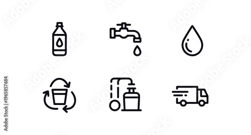 Collection of water related icons including bottle tap drop recycle soap and truck