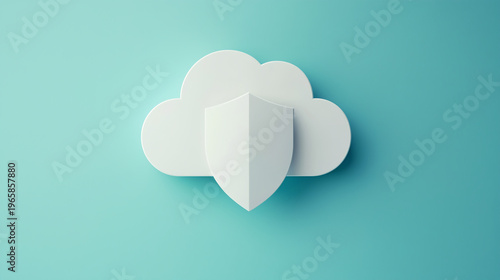 Cloud security protection concept icon. Minimal 3D cloud with shield symbol on soft blue background representing data safety and network protection.