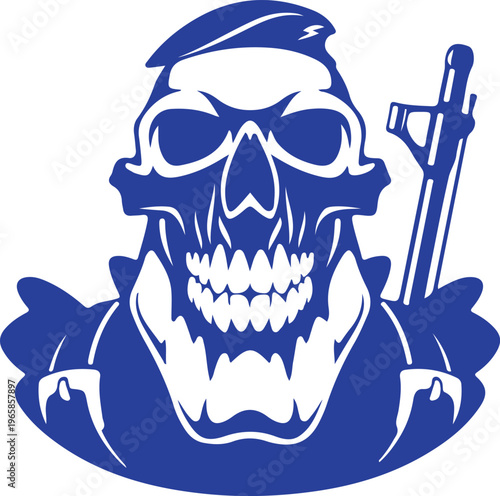 Blue monochrome skull with crossed screwdriver and wrench symbolizing diy repair