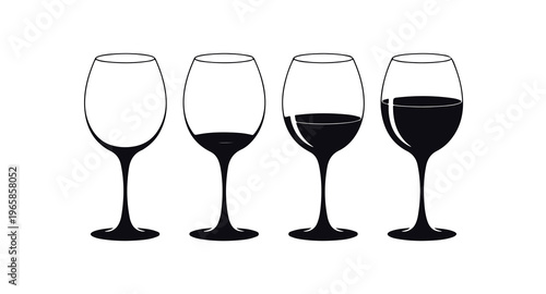 Wine glasses with different levels of red wine inside, beverage, drink, alcohol vector