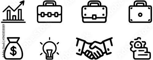 Business icons representing finance, teamwork, and growth concepts  