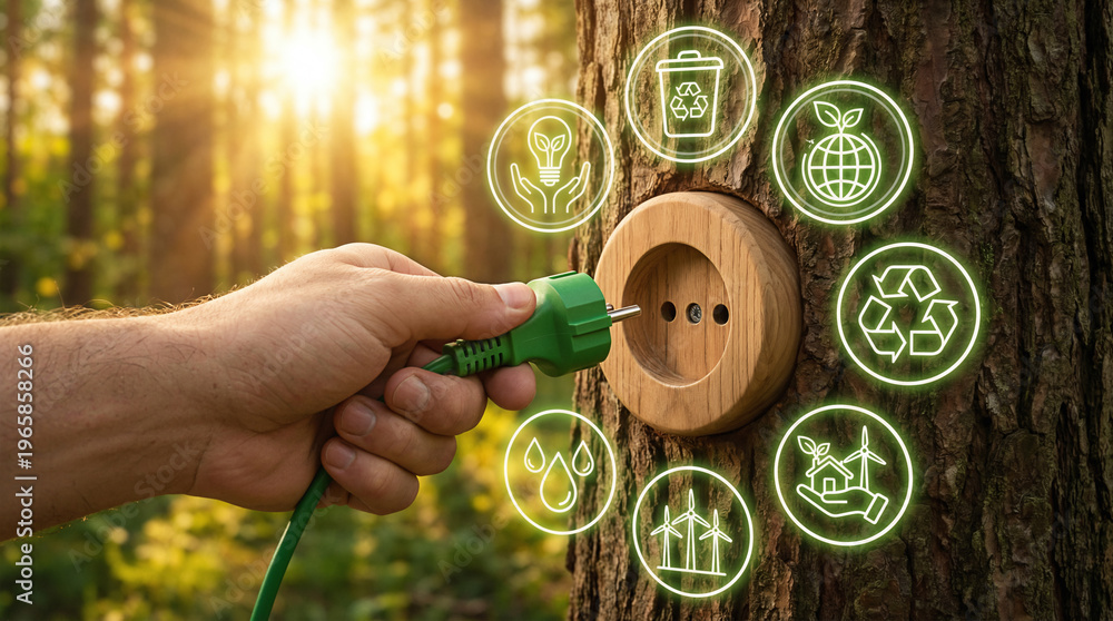 Fototapeta premium Plug into Sustainability Wooden Outlet on Tree with Eco Icons