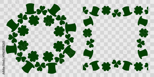 Minimalistic Circle and square Frames Copy space Template made of leprechaun hats and clover leaves. Vector illustration St Patrick Day Greetings or promo decorative elements, price, labels, price tag