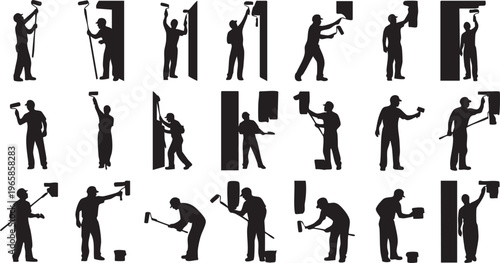 Black silhouettes of workers painting walls and holding tools