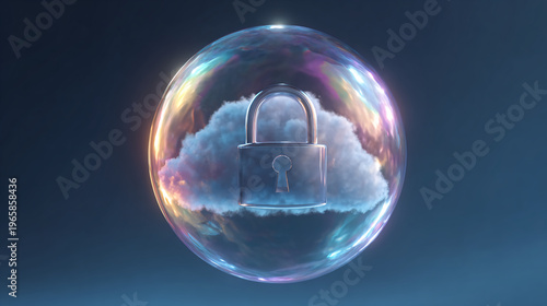 A padlock symbol is embedded within a cloud inside a transparent bubble, representing cloud security and data protection.
