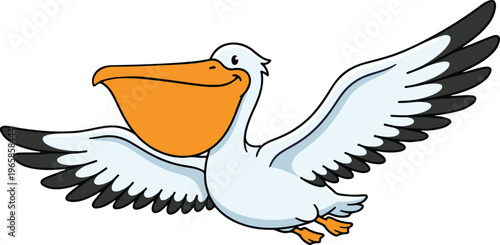 Flying White Pelican with Large Orange Beak Pouch and Black-Tipped Wings, Simple Flat Design Seabird Cartoon Vector Illustration
