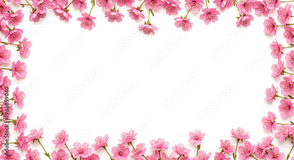Fototapeta premium Cherry blossoms border on white background with pink floral frame