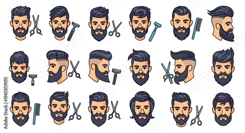 Diverse male hairstyles and grooming tools collection in modern flat design style
