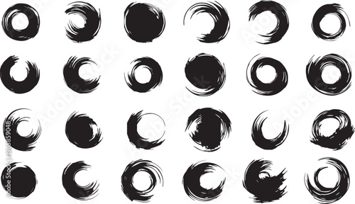 Abstract black grunge circle brush stroke frames collection set. hand-drawn artistic enso ink elements for logo, design, and graphic art. vector.
