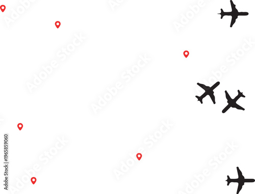 Four black paper airplanes flying in scattered formation on white background with red dots black airplanes