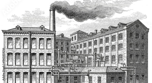 Vintage industrial building with smokestack and detailed architecture