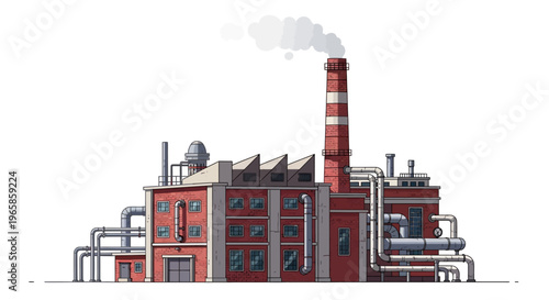 Industrial factory building with smokestack and pipelines on white background