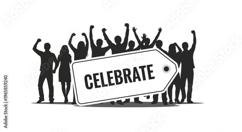 Silhouette celebration scene with group of people and large tag