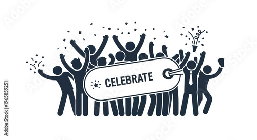 Silhouette party celebration with people holding a celebrate tag