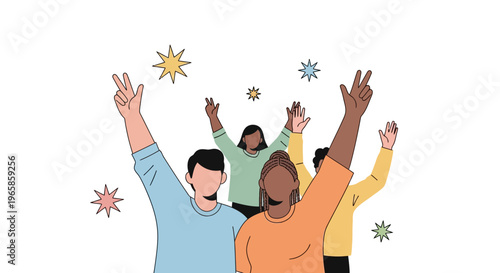 Diverse group celebrating success with raised hands and stars