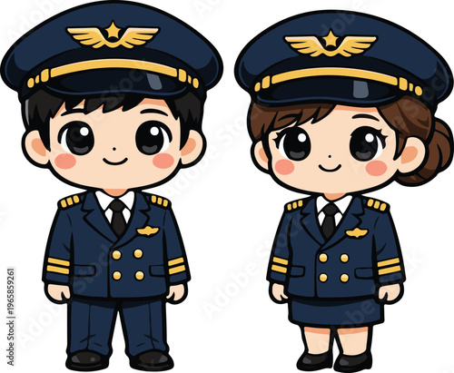 Male and Female Airline Pilots in Navy Blue Uniforms with Gold Winged Caps, Cute Chibi Kawaii Style Vector Illustration
