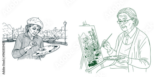 Cute mini vector set: an elderly woman in a beret painting outdoors while mixing colors on a palette, an elderly female artist painting at home on a canvas mounted on an easel board
