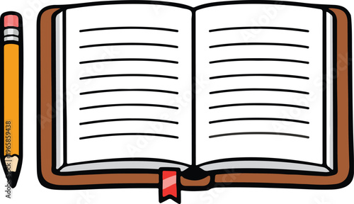 Open Hardback Book with Lined Pages and Red Bookmark Beside Yellow Pencil, Simple Educational Cartoon Vector Illustration
