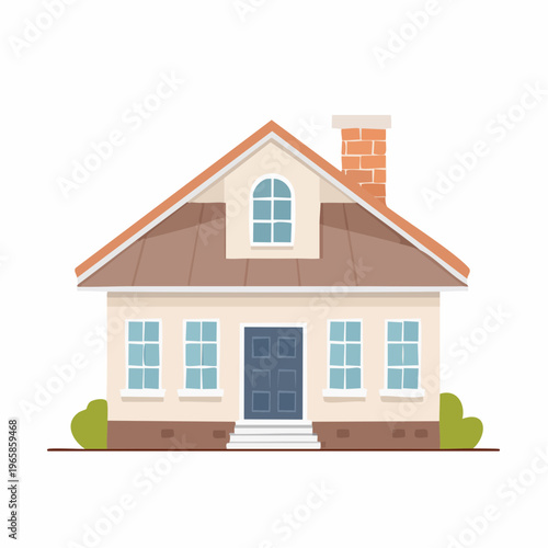Charming Suburban House with Gable Roof and Brick Chimney - Vector Illustration