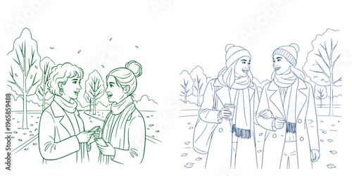 Mini vector set on the theme of Two women chatting and enjoying autumn day in the park  