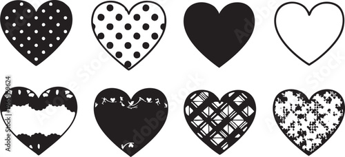 Eight stylized heart silhouettes in black and white polka dots