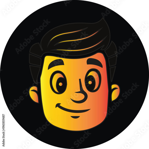 Friendly smiling young man cartoon mascot head with orange gradient skin on black circle background
