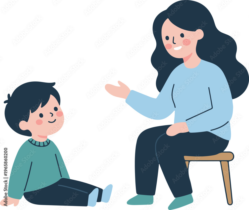 Fototapeta premium Mother and Child Having Conversation, Woman Teaching Boy Sitting on Floor, Friendly Flat Cartoon Style Vector Illustration 