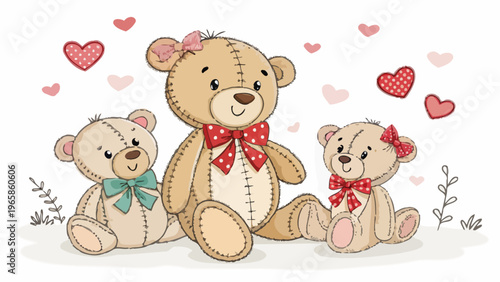 Three adorable stitched teddy bears sitting together surrounded by hearts on white background with flowers