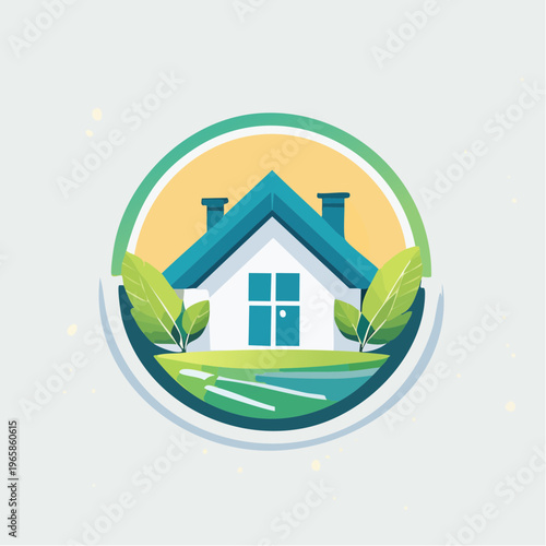 Eco-friendly House Illustration with Greenery and Blue Roof