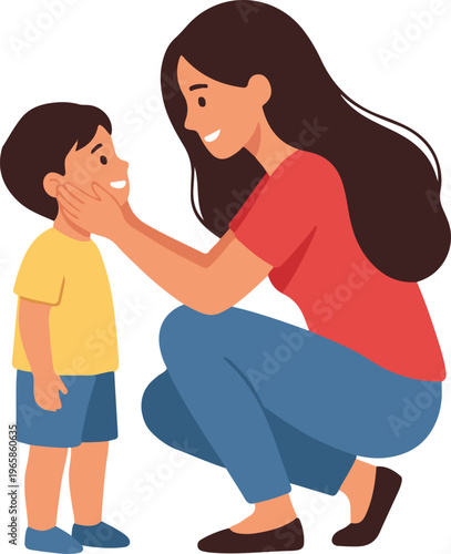 Mother Crouching and Gently Holding Son's Face, Affectionate Parenting Moment Flat Cartoon Vector Illustration
