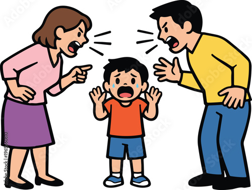 Parents Quarreling and Shouting While Child Cries in Middle, Family Conflict Scene Cartoon Style Vector Illustration

