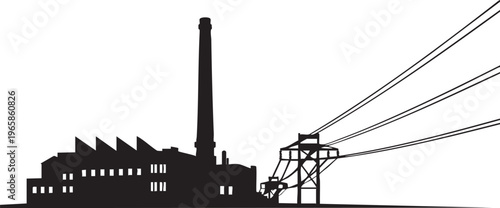 Industrial building silhouette with smokestack and power lines factory