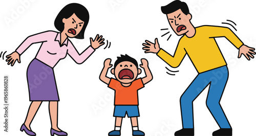 Parents Quarreling and Arguing While Child Cries in Middle, Family Conflict Scene Cartoon Style Vector Illustration
