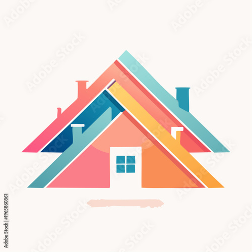 Stylized geometric house illustration with colorful overlapping rooflines and a white door