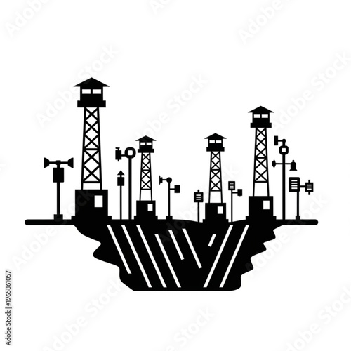 Silhouette of a futuristic city with towers and weather instruments.