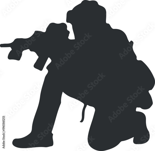 Silhouette of person aiming rifle in low light monochrome flat