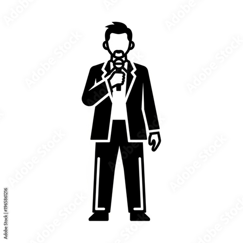 Silhouette of a man in a suit holding a microphone, speaking.