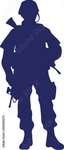 Silhouette of heavily armed soldier standing in full tactical gear against plain background