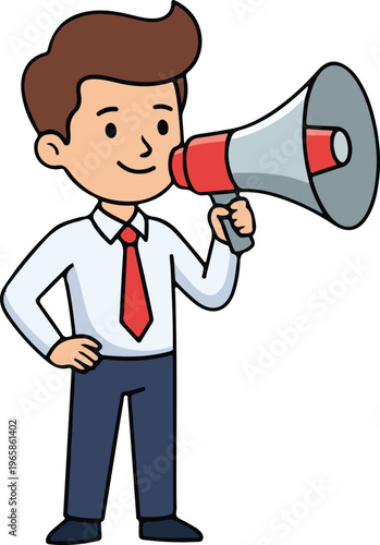 Friendly Businessman Making Announcement with Megaphone, Approachable Professional Cartoon vector illustration
