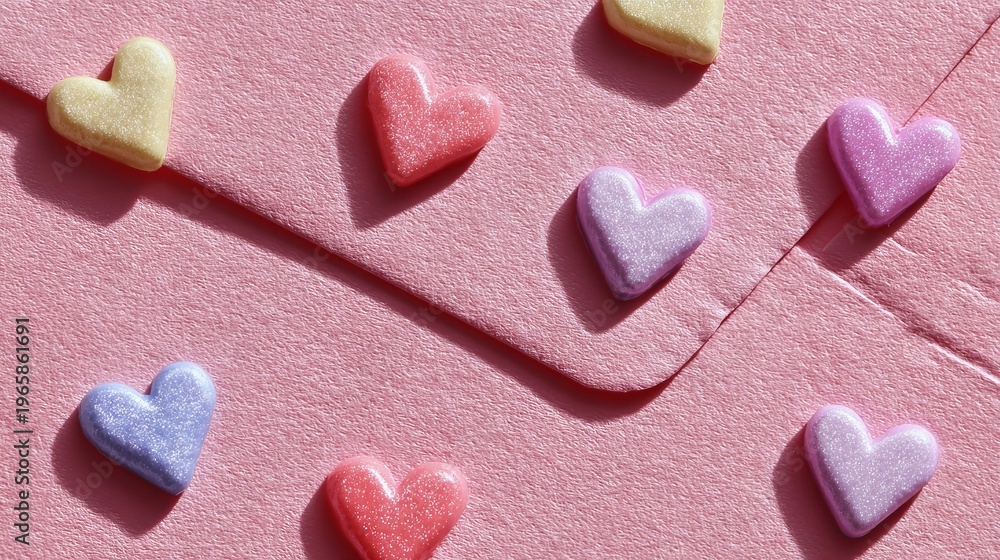 Fototapeta premium Hearts adorning an envelope rest on a pink surface, viewed up close.