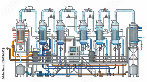Industrial process system with pipes and machinery.