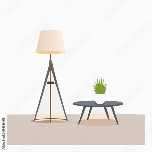 Modern Flat Design Illustration of Minimalist Room Decor Floor Lamp and Potted Plant on Table