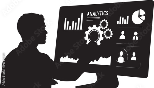 Man looking at computer monitor with analytics data silhouette