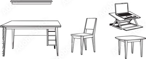 Line of furniture including desk chair and tables line black and white