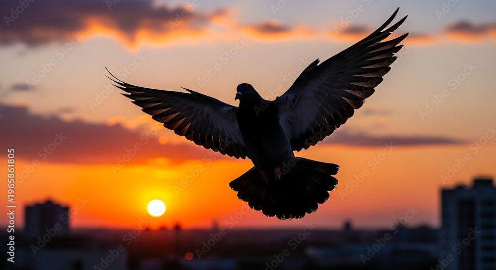 Obraz premium A majestic pigeon in dark silhouette gracefully spreads wide wings, soaring against a brilliant, vibrant sunset over a bustling urban city skyline.