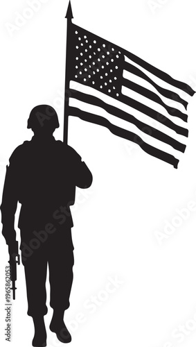 Silhouette of soldier holding large tattered american flag against white background military usa flag