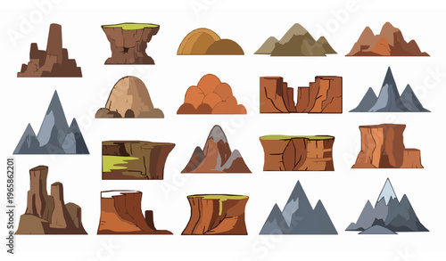 Cartoon mountain and canyon vector set with rocky cliffs snowy peaks and hills for outdoor adventure design